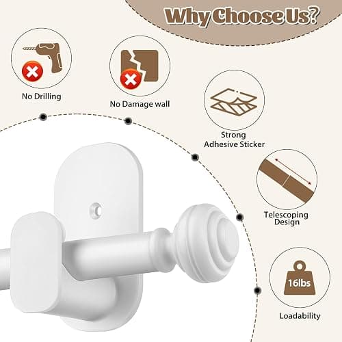 KAMANINA Curtain Rods No Drilling for Windows 32 to 58 Inches, 5/8 Inch No Drill Renter Friendly Curtain Rod with 3M Adhesive Brackets, Ivory White thumbnail 5