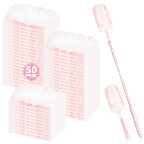 Nicemiya 52-Pack Duster Refills Compatible with Flash Dusters, Flash Dust Magnet Refills-Effectively Removes Dust, Dirt and Pet Hair for Home & Office Cleaning (50 Refills + 2 Handles, Pink) - Image 1
