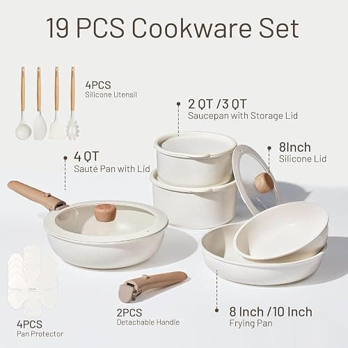 CAROTE 19pcs Pots and Pans Set Non Stick, Cookware Set Detachable Handle | Induction Compatible, Dishwasher & Oven Safe, Space Saving, Camping Cooking Set, Kitchen Set, White thumbnail 2