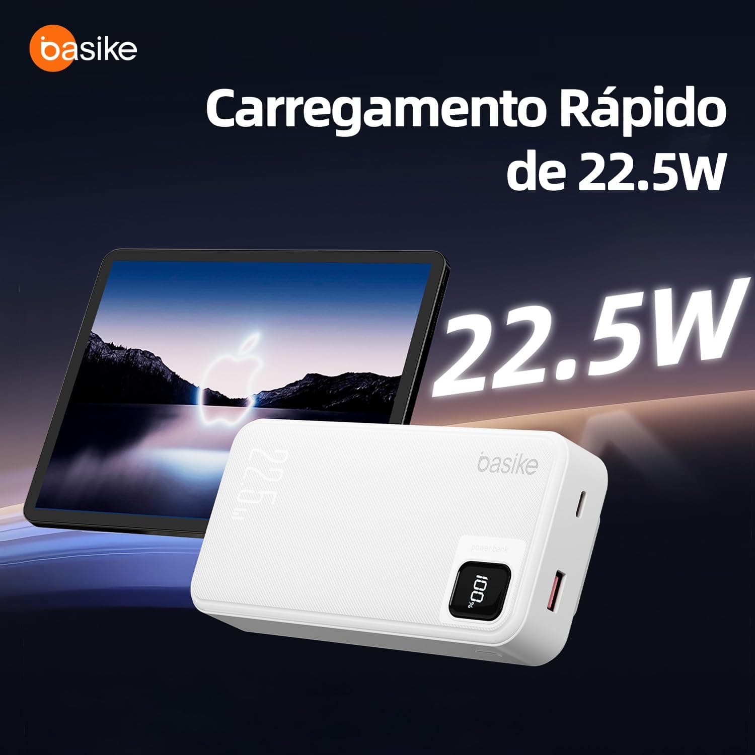 Basike Power Bank, Carregador Portátil Universal 20000mAh, USB-A(até 22.5W)+USB-C(até PD20W), com 2 Cabos Integrados (USB-C, Lightning) Carregamento Rápido, Led Indicador de Bateria (Branco) - Branco thumbnail 5