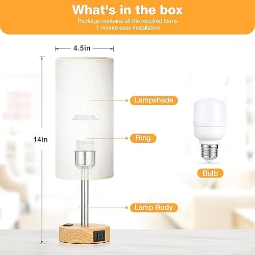 Fenmzee Bedside Table Lamp for Bedroom - 3 Way Dimmable Touch Lamp USB C Charging Ports and AC Outlet, Small Lamp Wood Base Round Flaxen Fabric Shade for Living Room, Desk, LED Bulb Included - Cream Shade-Wood Base - 14" Touch Control thumbnail 2