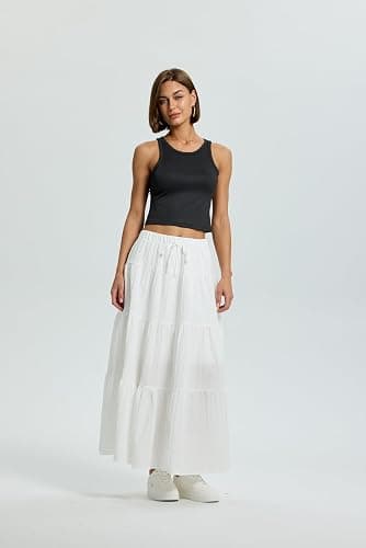 QJQ Women's Summer Boho Flowy Flared Ruffle Maxi Skirt 2025 Tiered A Line Elastic High Waisted Long Skirts thumbnail 7