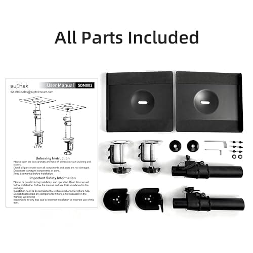 suptek Clamp-on Speaker Stand Desk Mount Set, Height Adjustment, Tilt, Swivel, 9.6 x 8.8 inch Trays, Universal Audio Holders for Computer and Bookshelf Speakers, Elevated Sound, 2 Pack, Black, SDM001B thumbnail 9