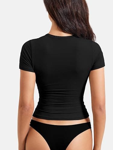 YEOREO Women Fitted Workout Tops Short Sleeve Double Lined Basic Y2K Going Out Crew Neck Compression Crop Top thumbnail 4