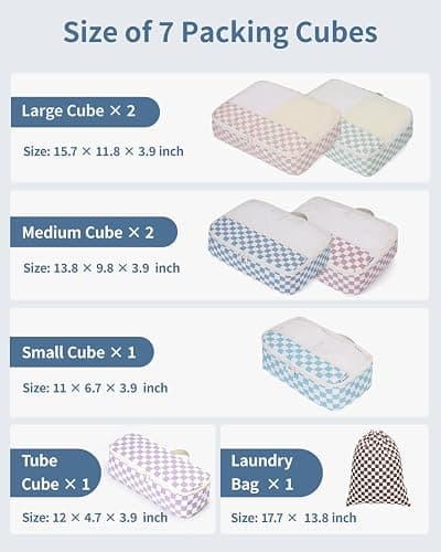 Narwey 7 Set Packing Cubes Travel Organizer, Packing Cubes Carry on Luggage Set Suitcase Backpack for Travelling, Travel Essentials Accessories Cubes with Laundry Bag (Combined Checkerboard) thumbnail 3