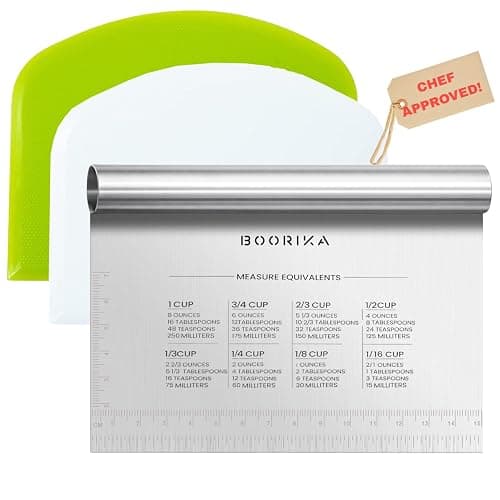 Boorika Bench Scraper Kitchen Tool, Dough Cutter and Scraper, Stainless Steel with Handle and Measuring Scale for Pizza Pastry Bread Baking & Griddle - Image 1