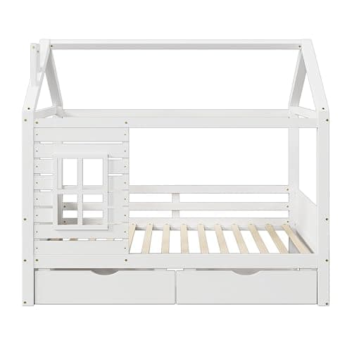 Aoowow Twin Size Kids House Bed with 2 Drawers, Wooden Twin Bed Frame with Window and Roof for Bedroom, Modern Twin Size Kid Playhouse Bed with Slats for Boys Girls, Can be Decorated, White thumbnail 8