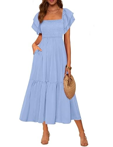 MASCOMODA Womens Summer Casual Midi Dress Square Neck Ruffle Short Sleeve Smocked High Waist A Line Wedding Guest Dresses - Image 1
