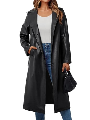 Trendy Queen Womens Long Leather Jackets Trench Coat Blazer Lapel Faux Open Front with Belt - Image 1