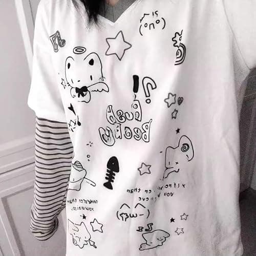 Y2k Fake 2 Piece Cute Shirts Women Kawaii Cutecore Graphic Long Sleeve Top Teen Girls 2000s Preppy Aesthetic Clothing thumbnail 5