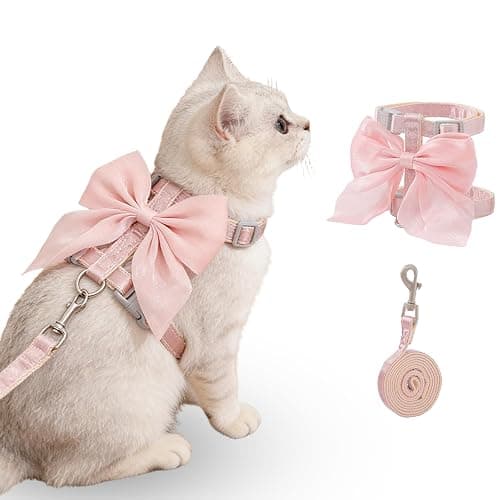 Tensho Pink Bow Cat Harness and Leash Set Escape Proof, Adjustable Kitten Harness with Leash, Bow Tie Cat Harness for Walking Outdoor - Soft Lightweight Harness for Small Dogs Cats Rabbits (S) - Image 1