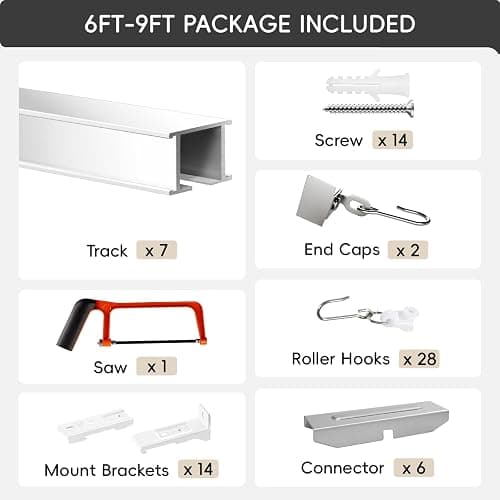 Ceiling Curtain Track, Curtain Track with Roller Hooks, 6ft - 9ft Ceiling Mounted Rail Set for Room Divider, White thumbnail 9