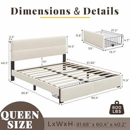 UHTN Queen Bed Frame with 2 Storage Drawers, Beige Velvet Upholstered | Platform Bed with Charging Ledge, LED Headboard Lighting, Metal Support, Noise Free, No Box Spring Needed, Easy Assembly thumbnail 2
