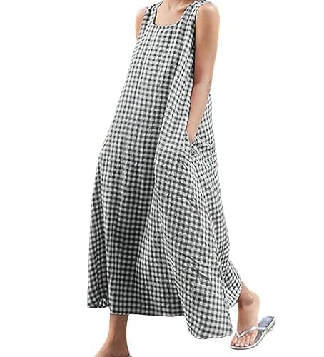 chouyatou Women's Summer Casual Loose-Fit Cotton Plaid Tank Maxi Dress with Pockets Boho Beach Sundress - Image 1