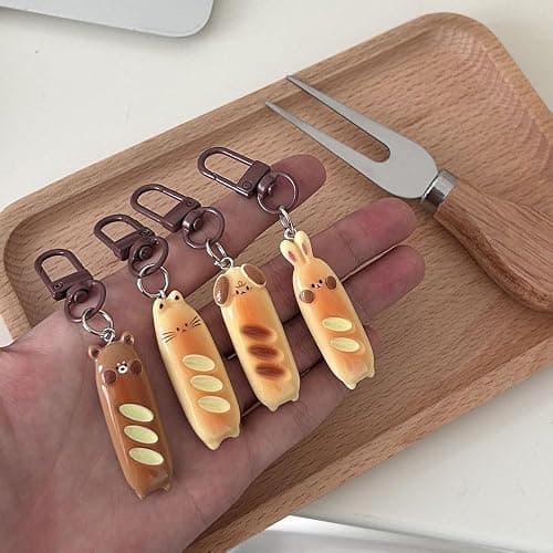 4Pcs French Bread Cute Keychain Key Rings for Backpack Purse - Cat, Rabbit, Dog, Bear Resin Creative Pendant Charms - Kawaii Accessories for Women thumbnail 6
