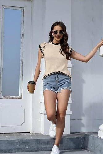 Cap Sleeve Knit Sweater Tops Sleeveless Vest 2026 Summer Short Sleeve Shirt | Disamer Cap Sleeve Sweater,Summer Sweaters For Women,Sweater Vest,Sleeveless Sweater,Color Block,Striped,Spring,Summer Tops thumbnail 6