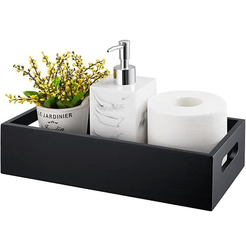 ALELION Black Bathroom Basket - Wooden Toilet Tank Paper Basket with Handle for Organizing - Back of Toilet Storage Organizer for Bathroom Tank Topper Counter - Black Bathroom Decor Box - Image 1