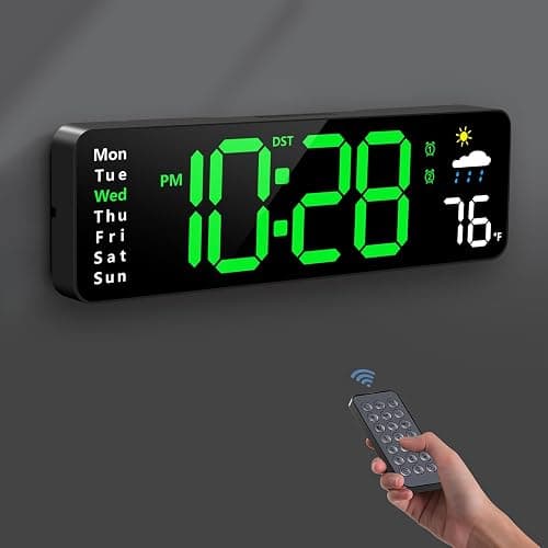 Digital Wall Clock, Digital Clock Large Display with Remote Control, Corded LED Alarm Clocks with Date, Week, Temp, Humidity, Auto DST, Countdown, for Living Room Bedroom Classroom Office (Green) - Image 1