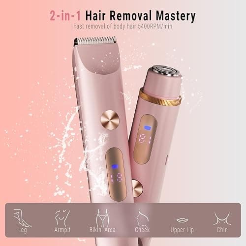 2-in-1 Bikini Trimmer for Women, Bikini Shaver with Dual Heads, Body and Facial Hair Removal, Cordless Rechargeable Electric Razors for Face Chin Pubic Underarm Legs, IPX7 Waterproof, Pink thumbnail 2