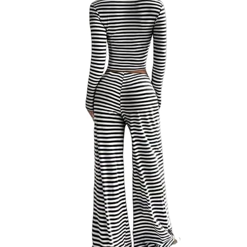 Womens 2 Piece Outfits Striped Sets Square Neck Cropped Tops and Wide Leg Pants Beach Vacation Clothes Loungewear thumbnail 3