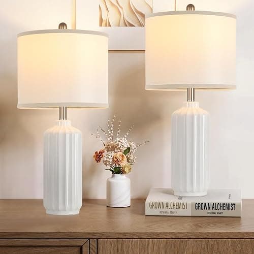 Liyicha Lamp for Living Room Bedroom Lamps Farmhouse Table Lamps Set of 2 Vertical Stripe Ceramic Table Lamp,Linen Shade with Bulb, 25 in High, White - White（Set of 2） - 25-inch high - Image 1