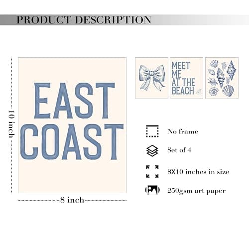 JXREQ Blue Coastal Beach Room Decor for Teen Girls College Dorm Bedroom, Preppy Coquette Coastal Granddaughter Beachy Room Nursery Wall Decor, Trendy Seashell Bow Posters Set of 4, 8x10 Unframed thumbnail 2