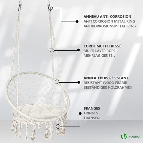 VOUNOT Swing Chair with Round Seat Cushion, Macrame Hammock Hanging Chair for Indoor, Outdoor, Beige thumbnail 7