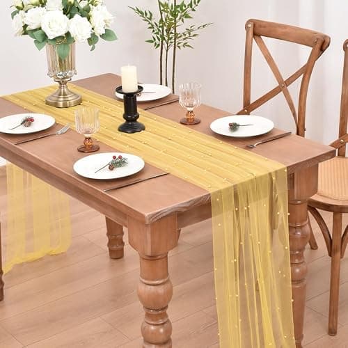 Joanlody Pearl Table Runner 10ft Rustic Boho Tulle Runner with Pearls for Baby Shower Wedding Party Veil Dessert Table Decor Yellow thumbnail 2