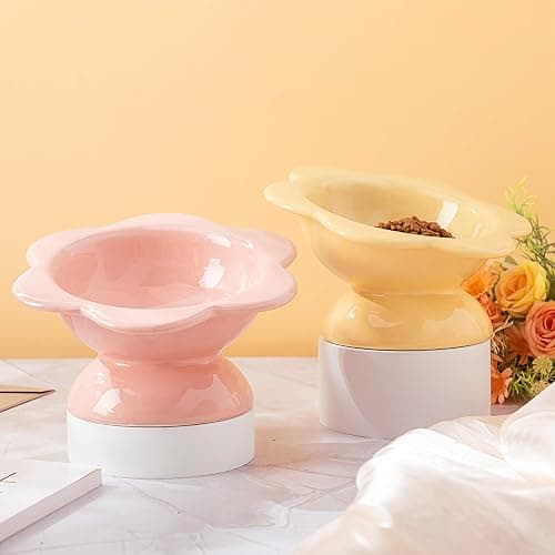 Hushee 2 Pcs Ceramic Raised Cat Bowls 7 oz Flower Shaped Cat Food Dish Stress Free on Neck and Spine Dishwasher Safe Feeding Bowls for Small Kitten thumbnail 5