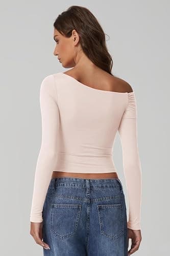QINSEN Women Long Sleeve Off Shoulder Tops Trendy Double Lined Going Out Shirt for Fall thumbnail 3