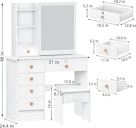 tekrabea Dressing Table with 6 Drawers, Vanity Desk with Mirror, Storage Shelves and Stool, Makeup Desk for Bedroom, Modern Makeup Table with Mirror and Chair, White thumbnail 2