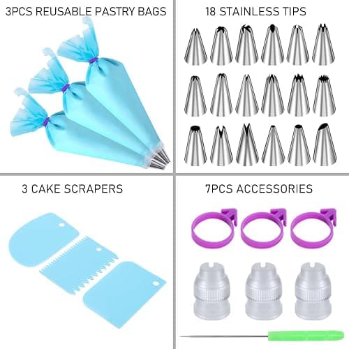 Piping Bags and Tips Set, Cakes Decorating Kit Supplies with 3 Reusable Pastry Bags, 18 Frosting Tips, 3 Couplers, 3 Bag Ties, 3 Cake Scraper, 1 Cake Decorating Tools for Cookie Icing thumbnail 3