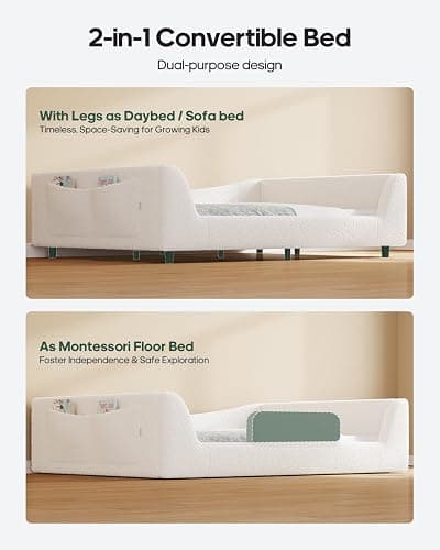 HAUOMS Full Floor Bed, Low Montessori 2-in-1 Convertible Beds, with Slats and High Rails, Upholstered Teddy Boucle, Curve Round Frame for Girls and Boys, No Box Spring Needed, Easy Assemble, Beige thumbnail 3