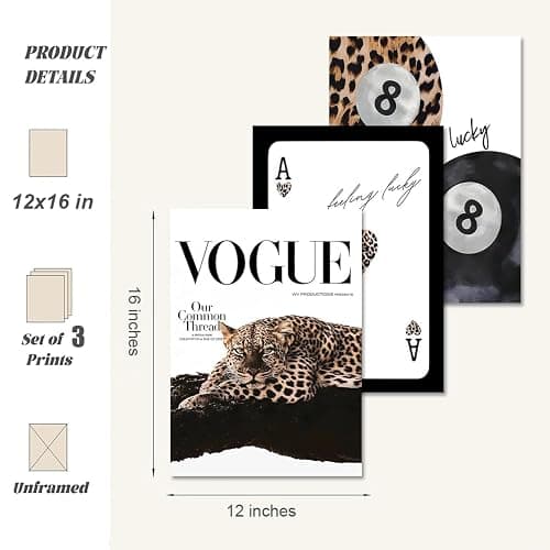Trendy Leopard Wall Art Set of 3 Cheetah Wall Decor Preppy Style Aesthetic Black And White Lucky 8 Ball Poker Posters Canvas Prints Pictures Funky Artwork for Bedroom Living Room Unframed 12x16 inch thumbnail 8