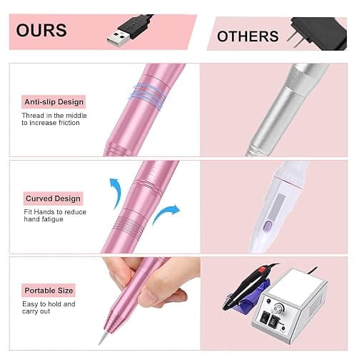 COSITTE Electric Nail Drill,USB Electric Nail Drill Machine for Acrylic Nail Kit,Portable Electric Nail File Polishing Tool Manicure Pedicure Kit Efile Nail Supplies for Home Salon,Pink thumbnail 3