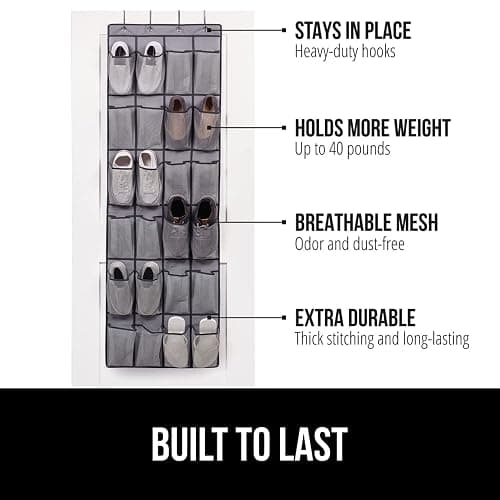 GORILLA GRIP Over the Door Shoe Organizer, 24 Large Breathable Mesh Pockets, Space Saving Hanging Storage Holder, Closet Rack Hanger Holds Up to 40 lbs, Hangs on Closets for Shoes, Accessories, Gray thumbnail 3