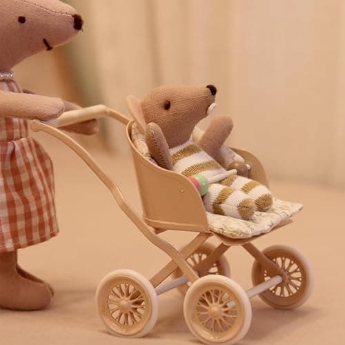 Funky Mini House Miniature Rolling Dollhouse Doll Stroller with Movable Wheels, Retro Iron Doll Pram, 1/12 Scale Dollhouse Furniture (Pink) - Image 1