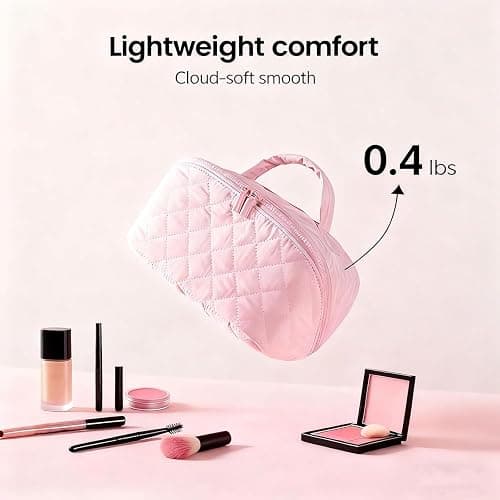 Makeup Bag for Woman, Wide Open Lay-Flat Water-Resistant Cosmetic Case, Festivalment Makeup Bag, Spacious 180° Open Cosmetic Organizer for Toiletries & Brushes Large Capacity with Compartments (Pink) thumbnail 2