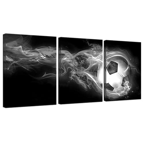 Biuteawal 3 Piece Sport Canvas Wall Art Football Soccer Picture Printed Canvas Painting for Teenager's Boys Bedroom Decor Black White Home Office Living Room Artwork 12x16inchx3pcs - Image 1