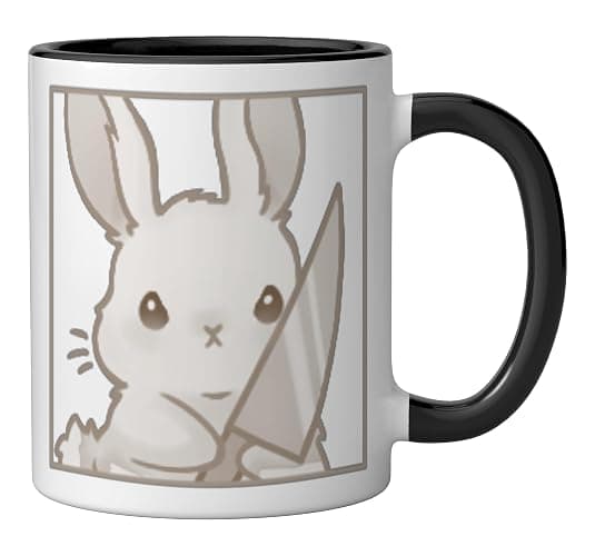 Cute Kawaii Coquette Cartoon Emote Angry Rabbit Bunny Knife Ceramic Mug, Black/White thumbnail 3