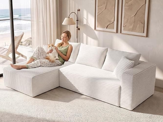 93" Modular Cloud Couch, Convertible L-Shaped Sectional Sofa with Chaise & Deep Seat, Corduroy Boneless Couches for Living Room Apartment, No Assembly - Beige (Left Facing Chaise) thumbnail 3