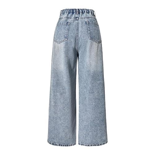Nivne Tco Teen Girls Jeans Vintage Distressed Ripped Frayed Details Zipper Fly Casual Wide Leg Denim Pants with Pockets thumbnail 2