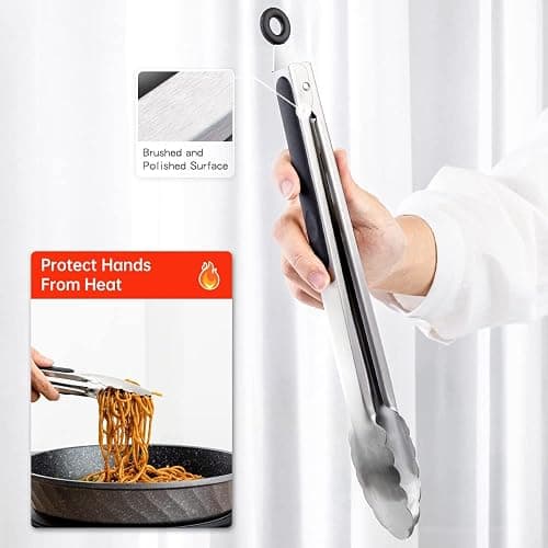 9 & 12 Inch Kitchen Tongs, Stainless Steel Metal Tongs Cooking Tongs, for Cooking Barbecue, BBQ Grilling, Buffet Serving (9"+12") thumbnail 5
