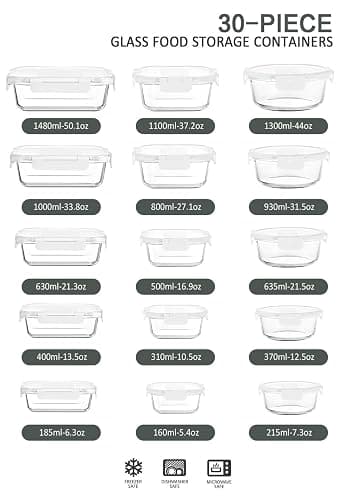 30 Pieces Glass Food Storage Containers  - Microwave, Oven, Freezer and Dishwasher Friendly (White) thumbnail 3
