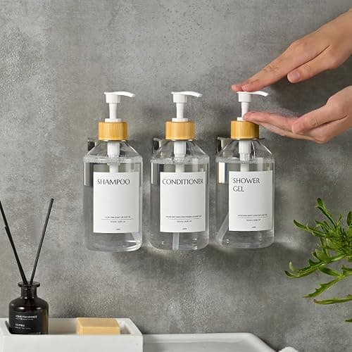 Janxin 3 Pièces Distributeur de Shampoing Mural, Distributeur Savon Mural 500ml, Distributeur de Savon Mural sans Perçage, avec Étiquette Étanche (Flacon Transparent + tête en Bambou Blanc) thumbnail 5