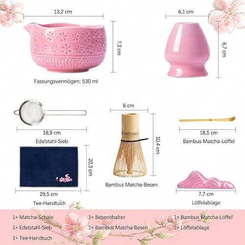 Buucup Matcha Whisk Set, Ceramic Matcha Kit with Bowl & Tools, Pink | 7-piece set includes ceramic bowl, bamboo whisk, scoop, holder, rest, sifter and tea towel for easy matcha making at home. thumbnail 3