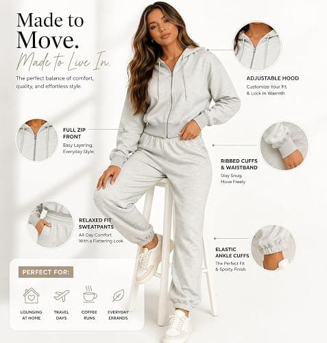 Harmony & Balance Womens Cropped Sweatsuit Set - Zip Up Hoodie & Jogger Pants - French Terry Lounge Outfit thumbnail 3