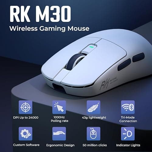RK ROYAL KLUDGE M30 Wireless Gaming Mouse 43g Ultra-Light With PixArt PAW3311 Sensor, 24000 DPI, Tri-Mode BT/2.4G/Wired Computer Mouse 250mAh Battery, 1000Hz Polling rate 5 Programmable Buttons, White thumbnail 2