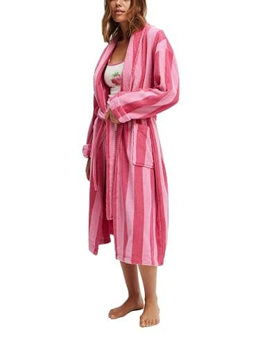 Leyajedol Women’s Striped Shawl Robe Plush Fleece Nightgown BathRobe With Belt Long Sleeve Graphic Bathrobe With Pockets - Image 1
