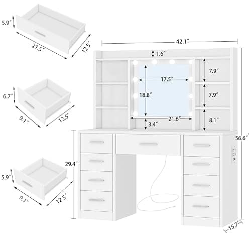 FIONESO Vanity Desk with Mirror and Lights, Power Outlet, Makeup Vanity with 9 Drawers & 6 Open Storage Shelves, 3 Lighting Modes Brightness Adjustable, White thumbnail 2